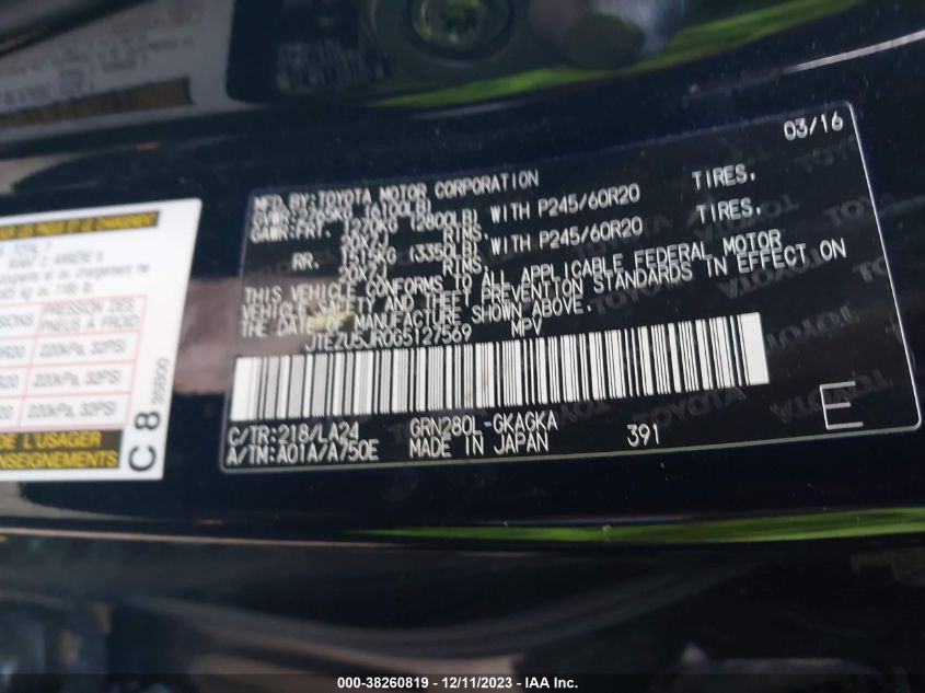 2016 TOYOTA 4RUNNER LIMITED - JTEZU5JR0G5127569