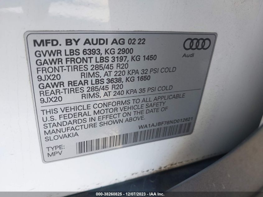 WA1AJBF78ND012621 2022 AUDI Q7, photo no. 9