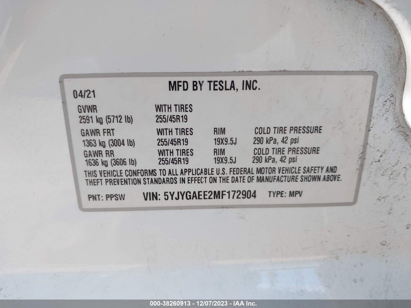 VIN 5YJYGAEE2MF172904 2021 TESLA MODEL Y