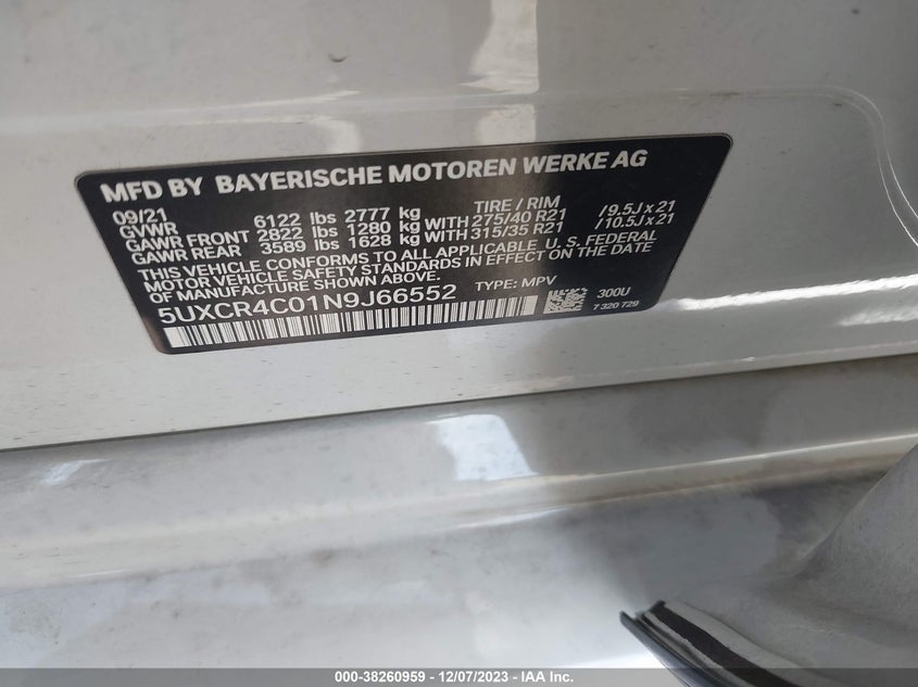 VIN 5UXCR4C01N9J66552 2022 BMW X5 SDRIVE 40I