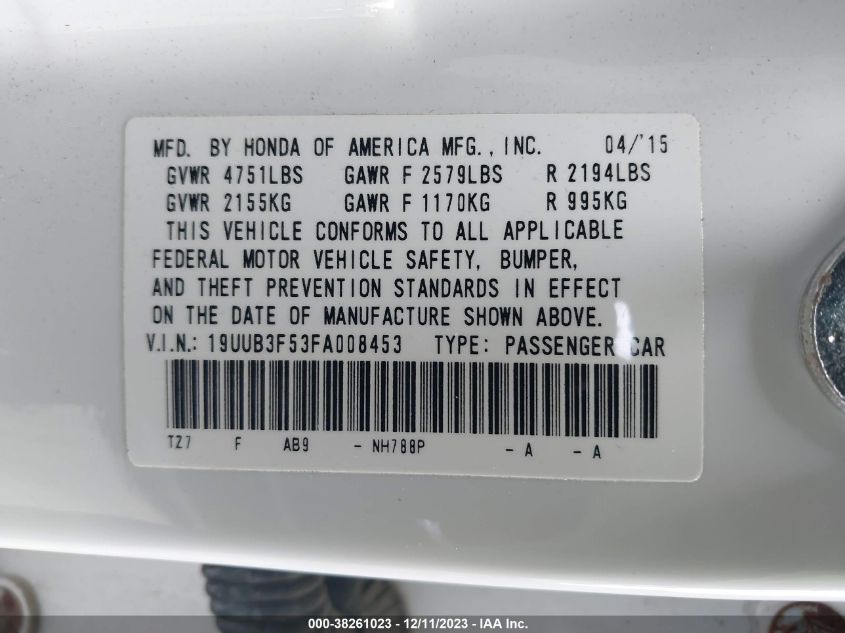 2015 ACURA TLX V6 TECH - 19UUB3F53FA008453