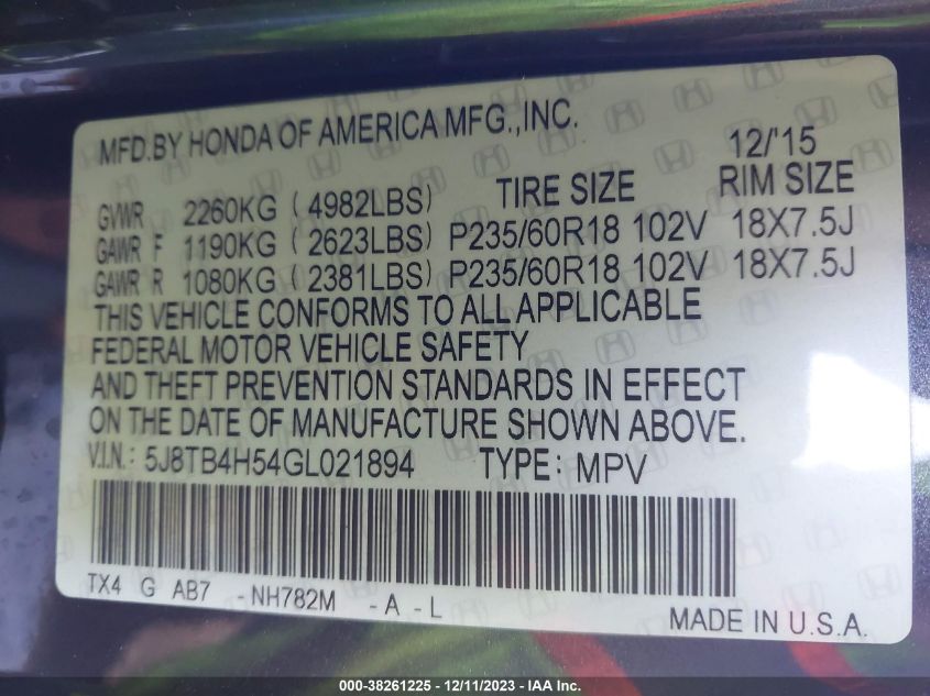 2016 ACURA RDX TECH PKG/TECH - 5J8TB4H54GL021894