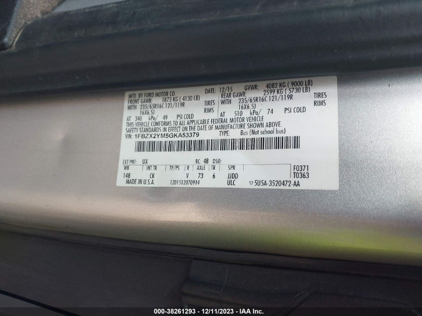 2016 FORD TRANSIT-350 XLT - 1FBZX2YM5GKA53379