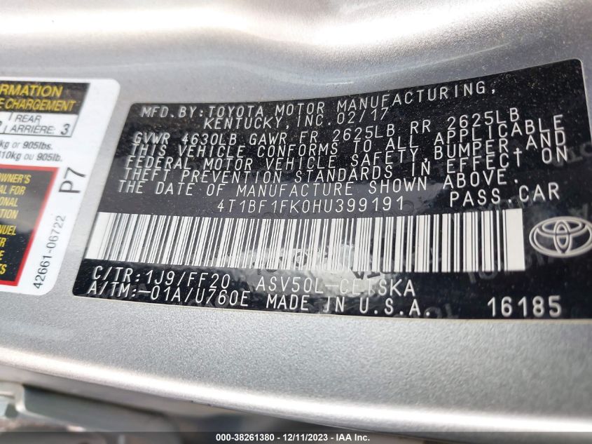 2017 TOYOTA CAMRY SE - 4T1BF1FK0HU399191