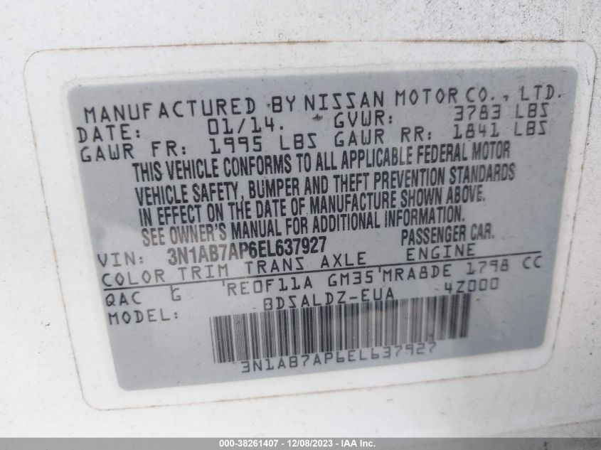 2014 NISSAN SENTRA S/SV/SR/SL - 3N1AB7AP6EL637927