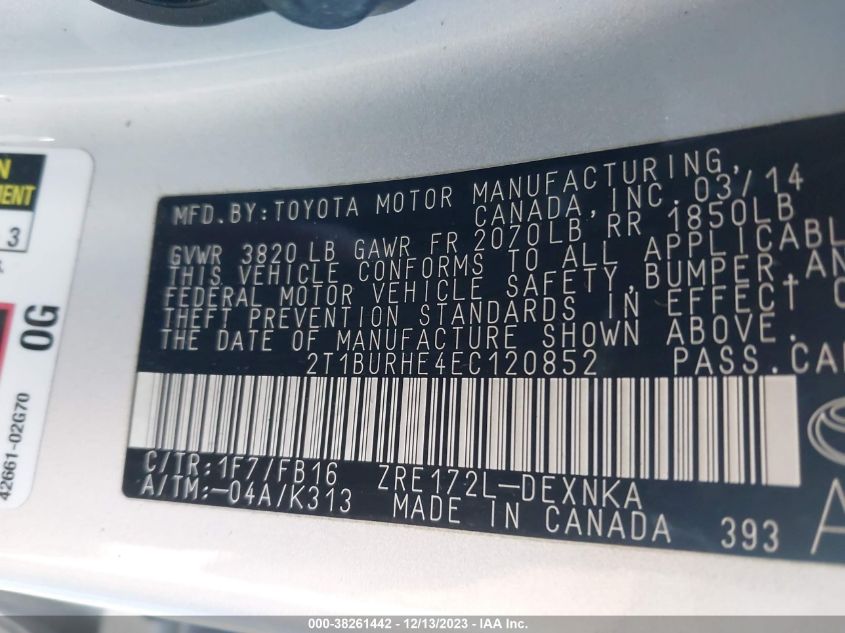 2014 TOYOTA COROLLA LE - 2T1BURHE4EC120852