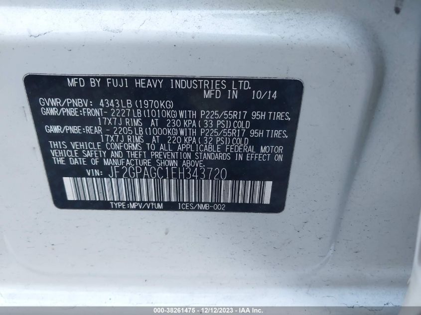 2014 SUBARU XV CROSSTREK 2.0I LIMITED - JF2GPAGC1EH343720