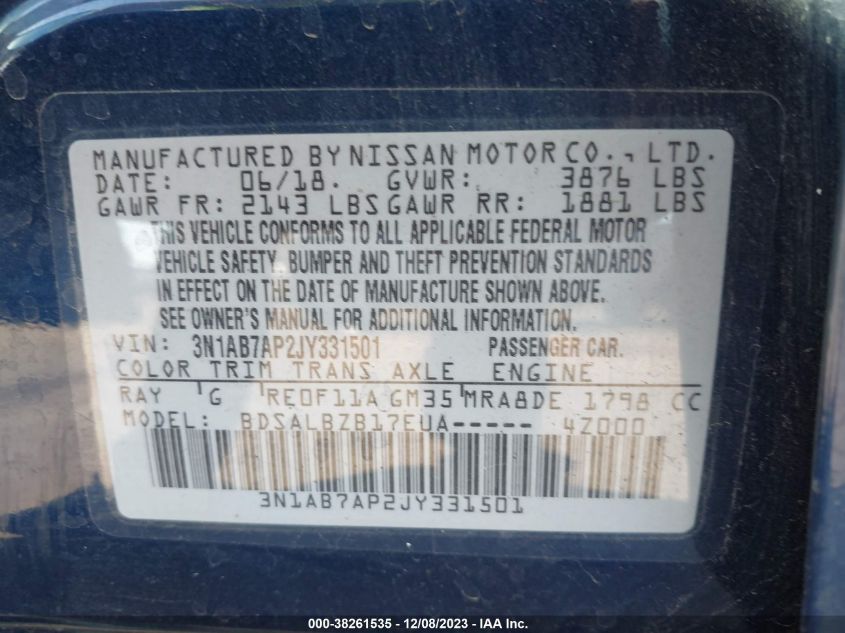 2018 NISSAN SENTRA S/SV/SR/SL - 3N1AB7AP2JY331501
