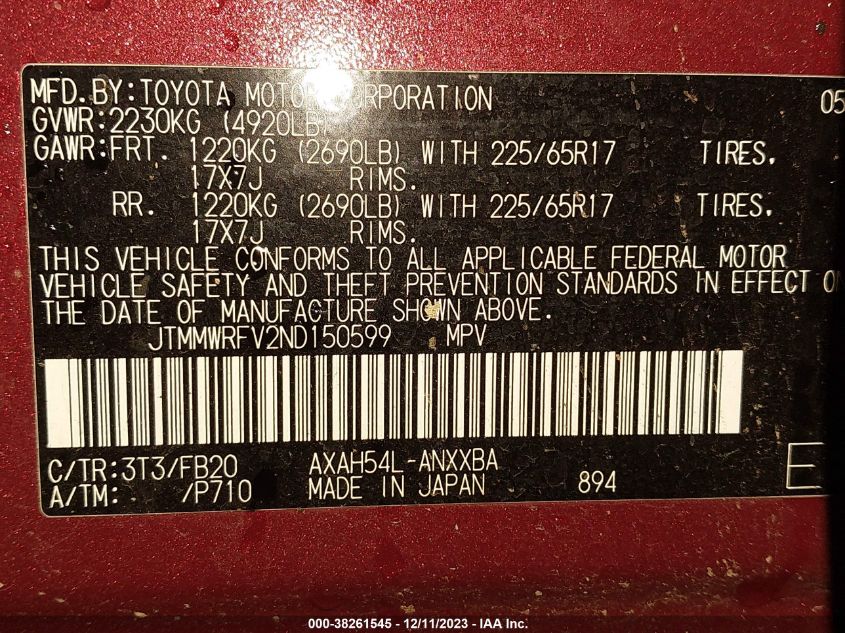 2022 TOYOTA RAV4 LE HYBRID - JTMMWRFV2ND150599