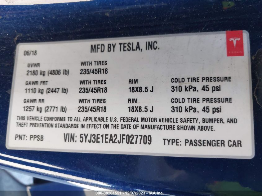 2018 TESLA MODEL 3 - 5YJ3E1EA2JF027709