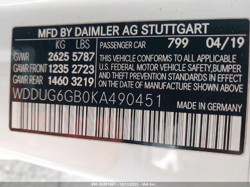 2019 MERCEDES-BENZ S 450 WDDUG6GB0KA490451