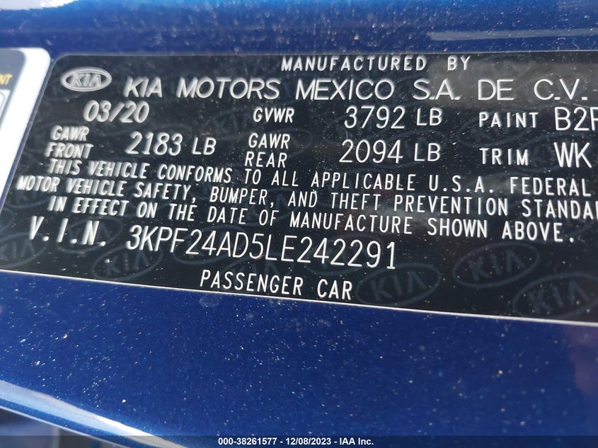 VIN 3KPF24AD5LE242291 2020 KIA FORTE LXS