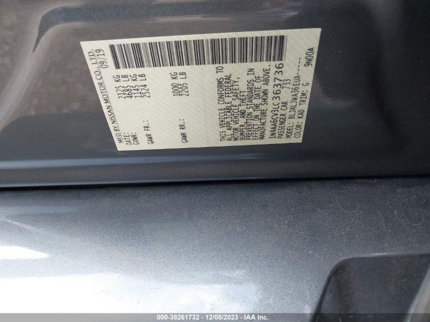 2020 NISSAN MAXIMA SV - 1N4AA6CV3LC363736