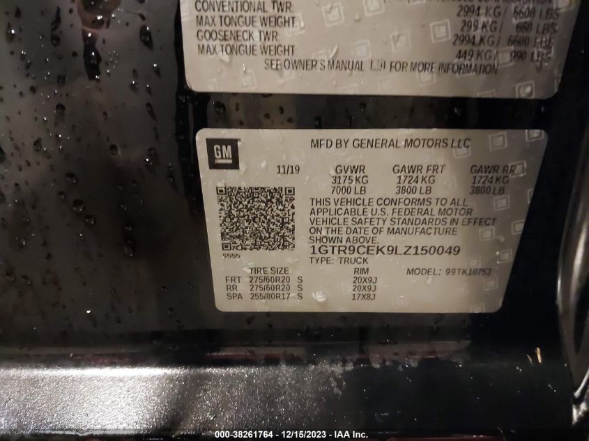 2020 GMC SIERRA 1500 4WD  STANDARD BOX - 1GTR9CEK9LZ150049