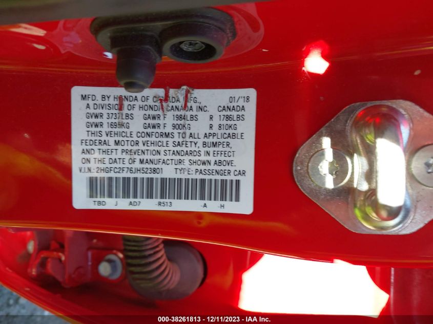 2018 HONDA CIVIC EX - 2HGFC2F76JH523801