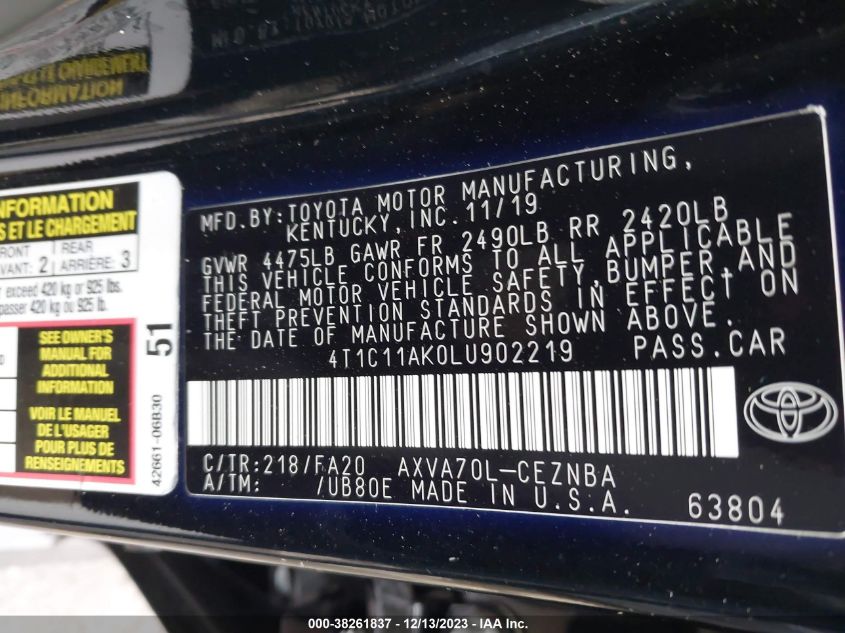 2020 TOYOTA CAMRY LE - 4T1C11AK0LU902219