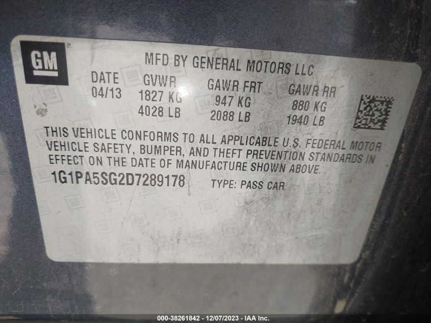 2013 CHEVROLET CRUZE LS - 1G1PA5SG2D7289178