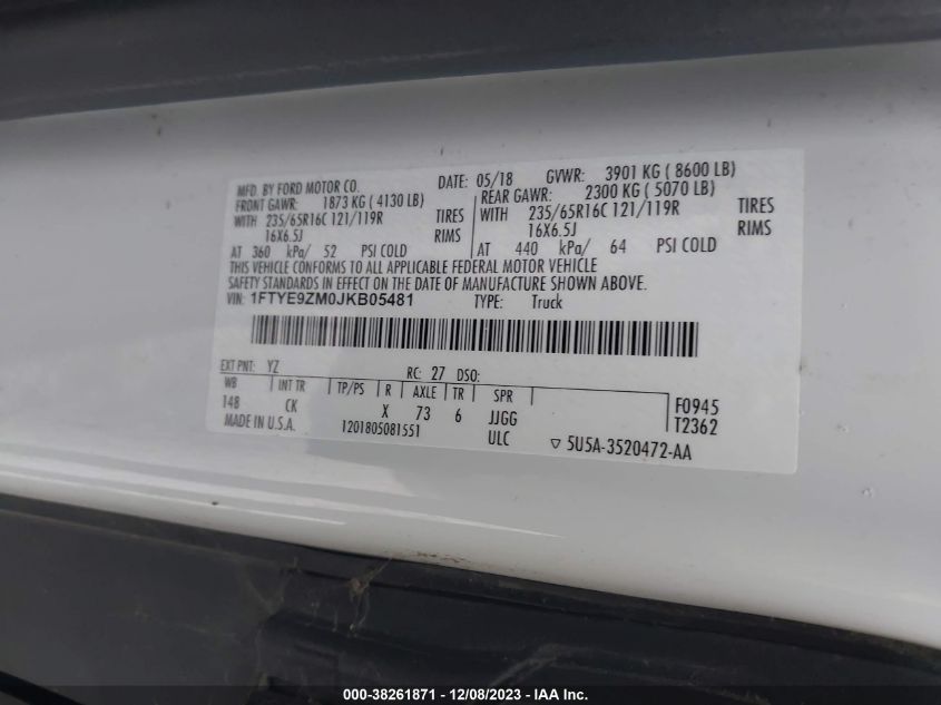 2018 FORD TRANSIT-150 T-150 - 1FTYE9ZM0JKB05481