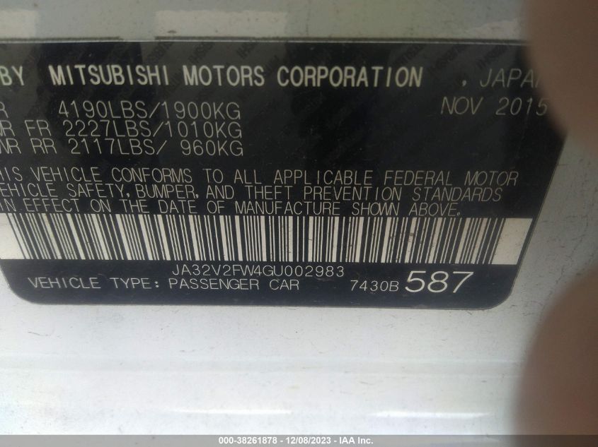 2016 MITSUBISHI LANCER ES/SE/SEL - JA32V2FW4GU002983