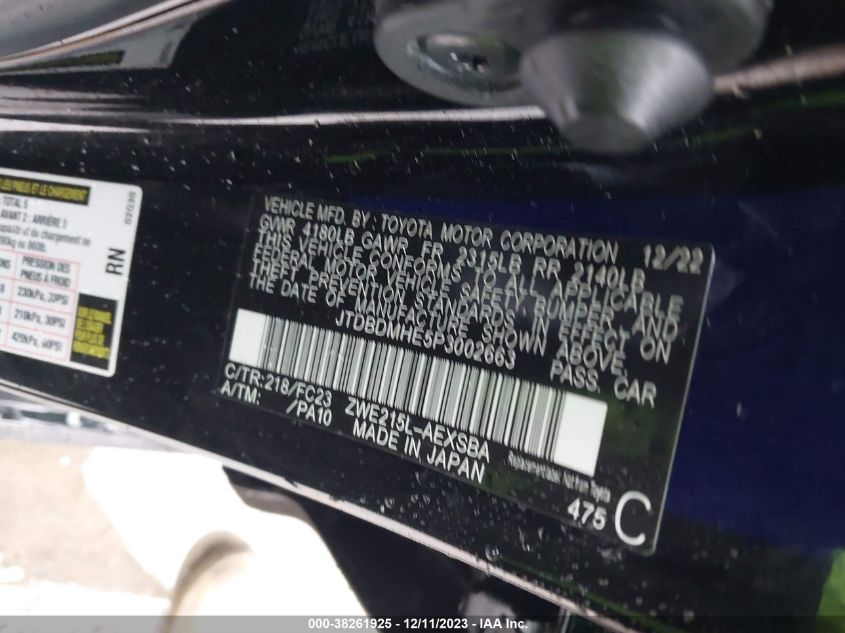 2023 TOYOTA COROLLA LE/SE/NIGHT SHADE - JTDBDMHE5P3002663