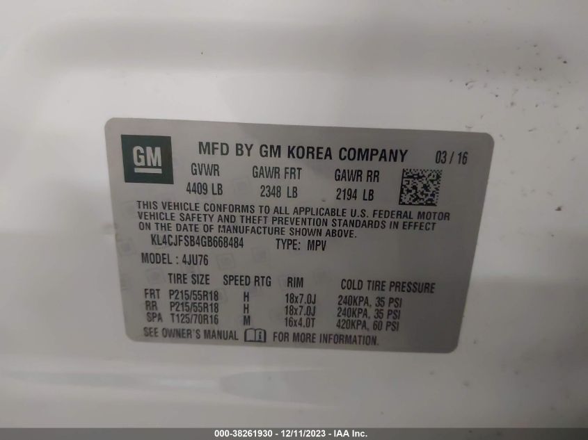 2016 BUICK ENCORE CONVENIENCE - KL4CJFSB4GB668484