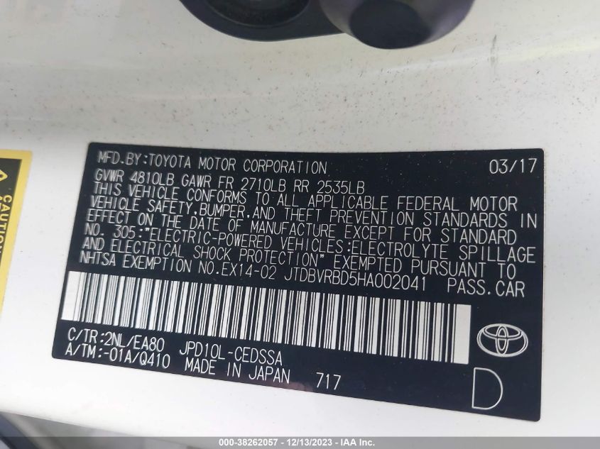2017 TOYOTA MIRAI JTDBVRBD5HA002041