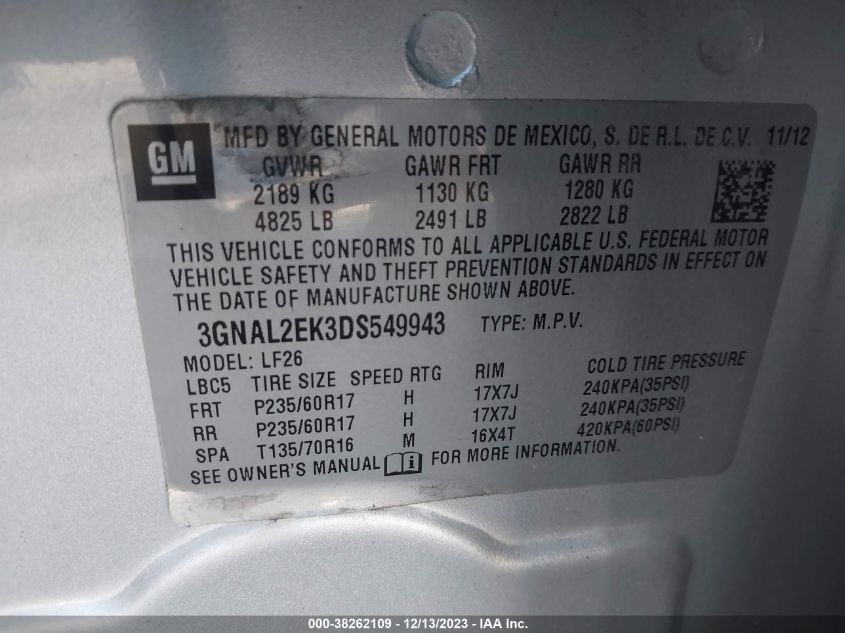 2013 CHEVROLET CAPTIVA SPORT 2LS 3GNAL2EK3DS549943