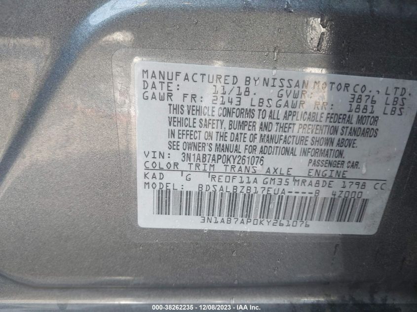 2019 NISSAN SENTRA S/SV/SR/SL - 3N1AB7AP0KY261076