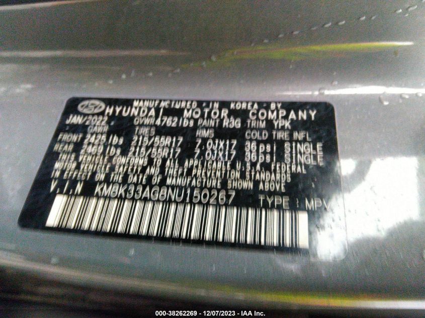 2022 HYUNDAI KONA ELECTRIC SEL KM8K33AG8NU150267
