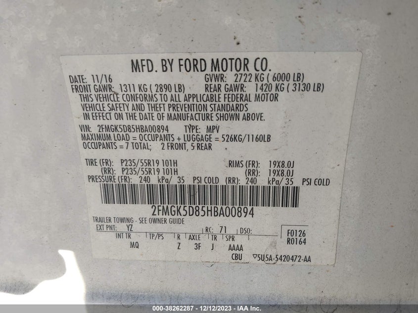 VIN 2FMGK5D85HBA00894 2017 FORD FLEX LIMITED