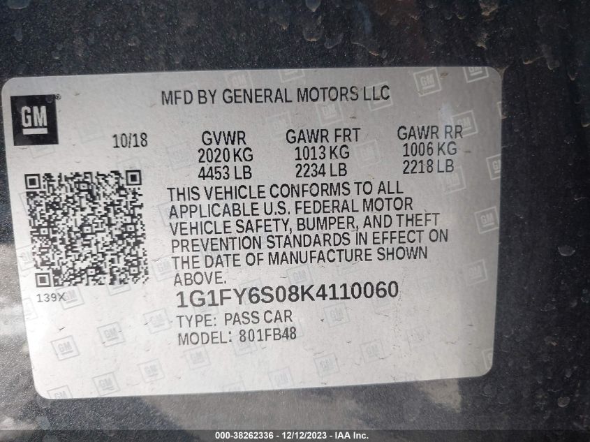 2019 CHEVROLET BOLT EV LT - 1G1FY6S08K4110060