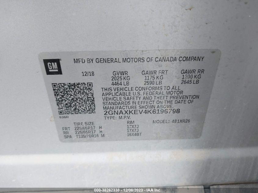 2019 CHEVROLET EQUINOX LT - 2GNAXKEV4K6196798