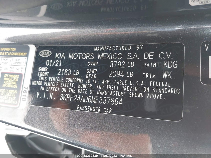 VIN 3KPF24AD6ME337864 2021 KIA FORTE FE/LXS