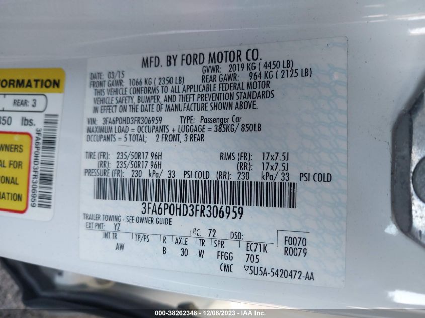 2015 FORD FUSION SE - 3FA6P0HD3FR306959