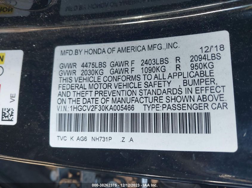 2019 HONDA ACCORD SPORT - 1HGCV2F30KA005466