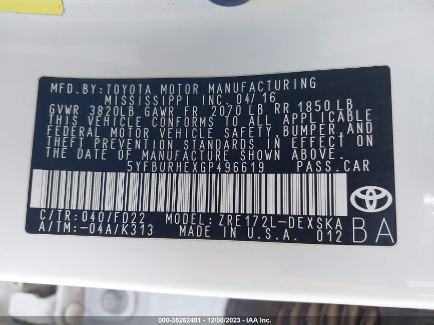 2016 TOYOTA COROLLA L/LE/LE PLS/PRM/S/S PLS - 5YFBURHEXGP496619