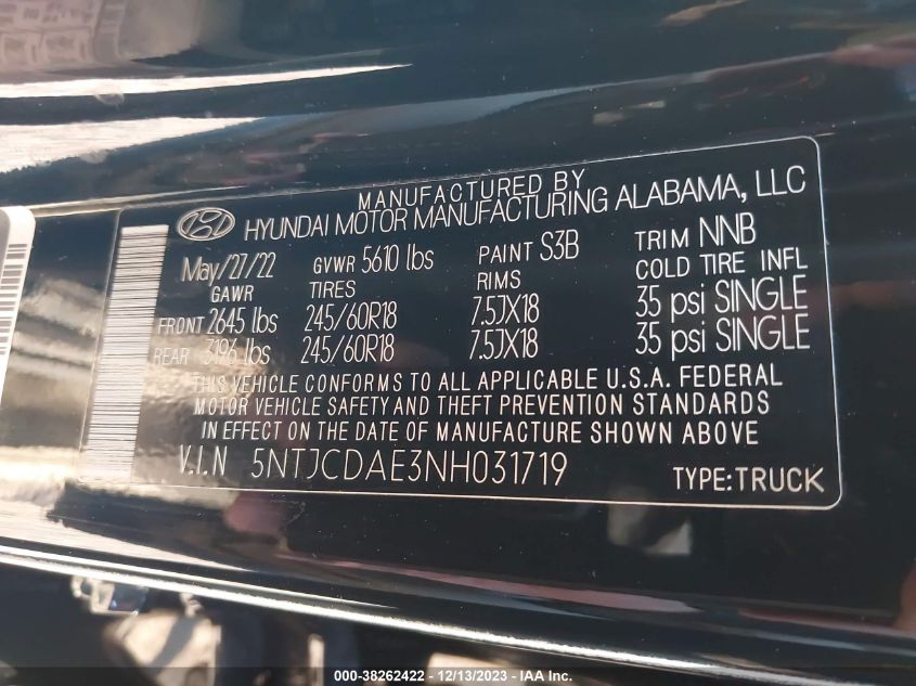 2022 HYUNDAI SANTA CRUZ SEL - 5NTJCDAE3NH031719