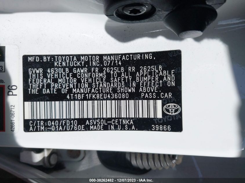 2014 TOYOTA CAMRY L/LE/SE/SE SPORT/XLE - 4T1BF1FK8EU436080