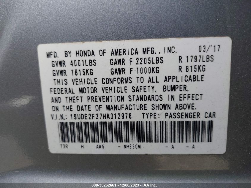 2017 ACURA ILX ACURAWATCH PLUS PACKAGE - 19UDE2F37HA012976