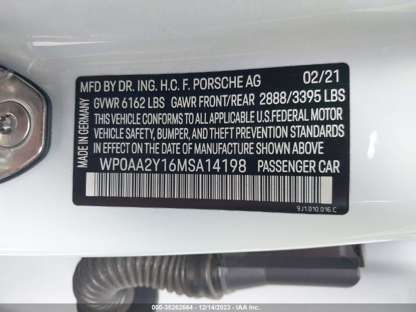 2021 PORSCHE TAYCAN WP0AA2Y16MSA14198