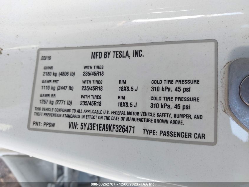 2019 TESLA MODEL 3 - 5YJ3E1EA9KF326471