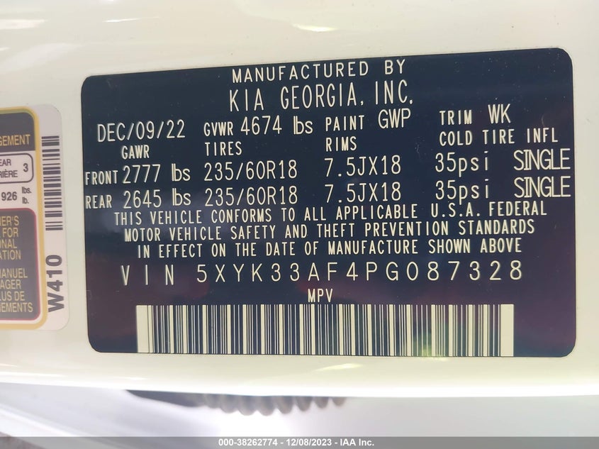 VIN 5XYK33AF4PP887328 2023 KIA SPORTAGE EX