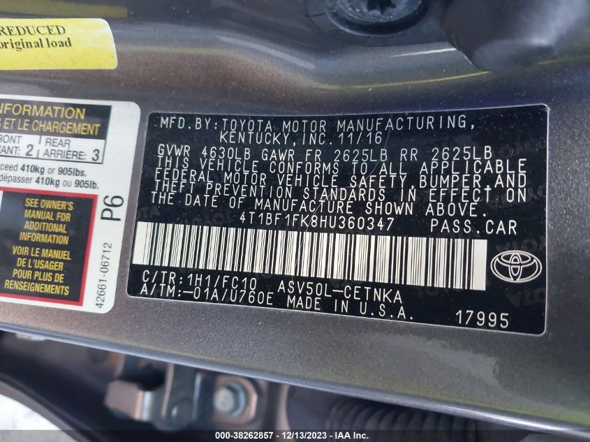 2017 TOYOTA CAMRY LE/XLE/SE/XSE - 4T1BF1FK8HU360347