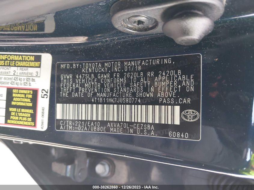 2018 TOYOTA CAMRY SE - 4T1B11HK7JU580774