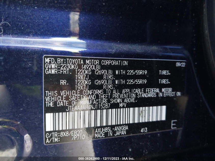 VIN JTEAAAAH4NJ115287 2022 TOYOTA VENZA XLE
