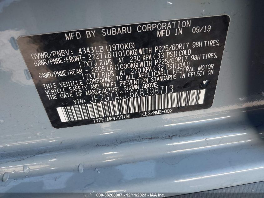 2019 SUBARU CROSSTREK 2.0I PREMIUM - JF2GTACC8K8398713