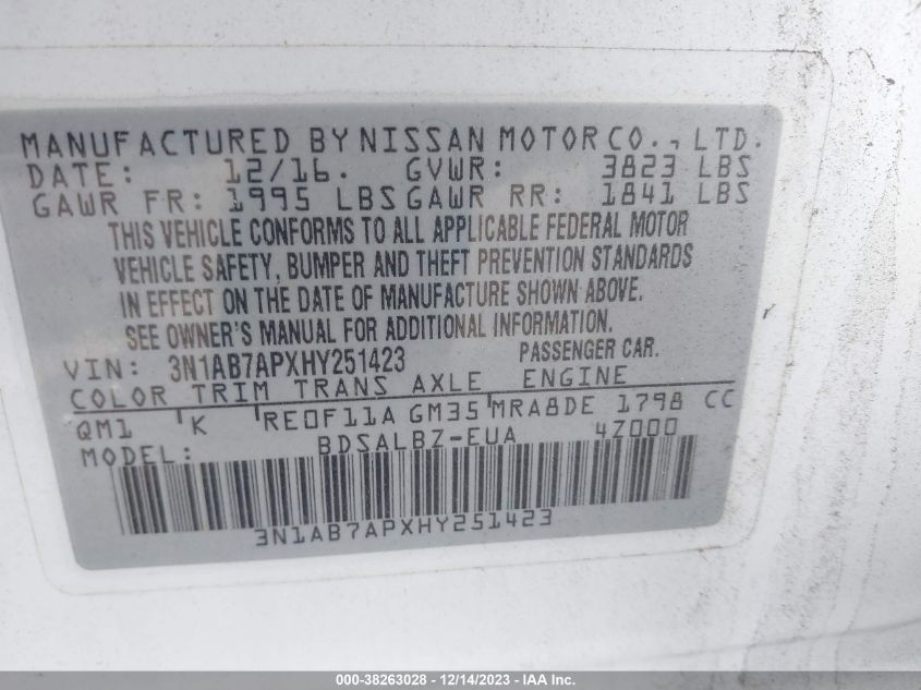 2017 NISSAN SENTRA S - 3N1AB7APXHY251423