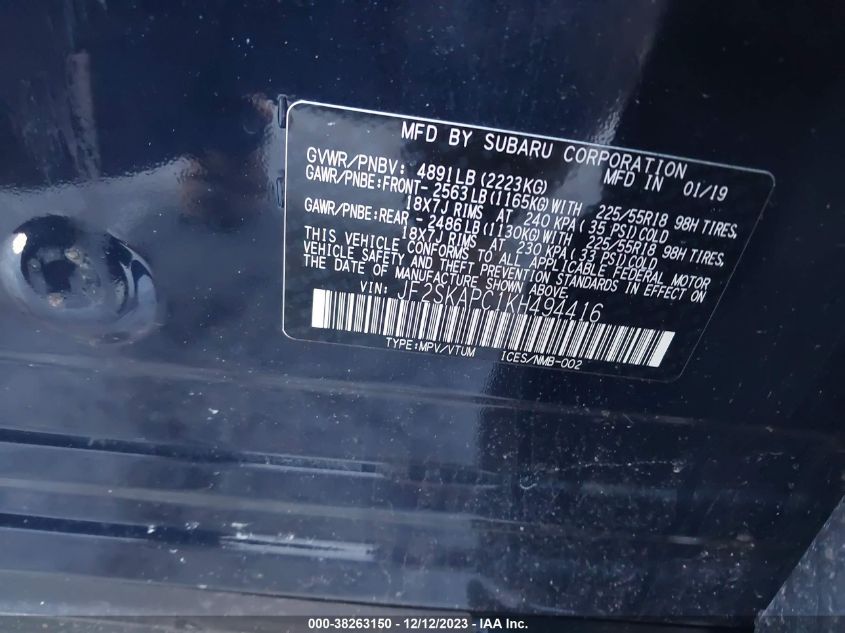 2019 SUBARU FORESTER SPORT - JF2SKAPC1KH494416