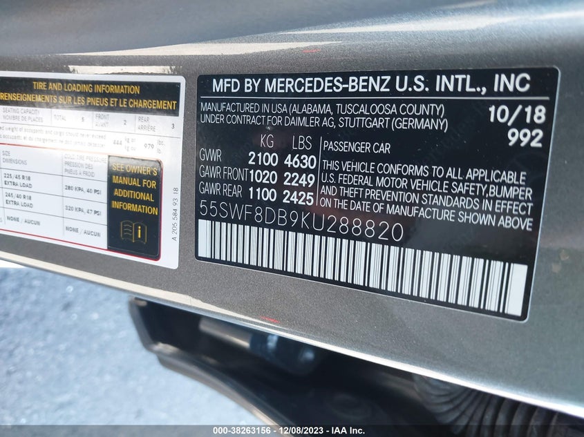 VIN 55SWF8DB9KU288820 2019 MERCEDES-BENZ C 300