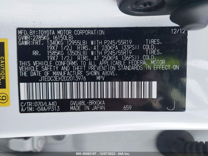 2013 TOYOTA HIGHLANDER HYBRID LIMITED V6 JTEDC3EH2D2013976